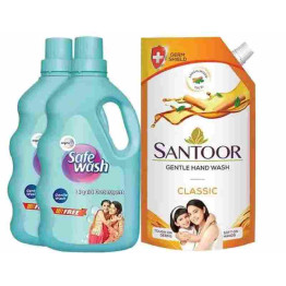Santoor combo safewash liquid detergent1kg and get 1kg free santoor handwash classic 750ml 